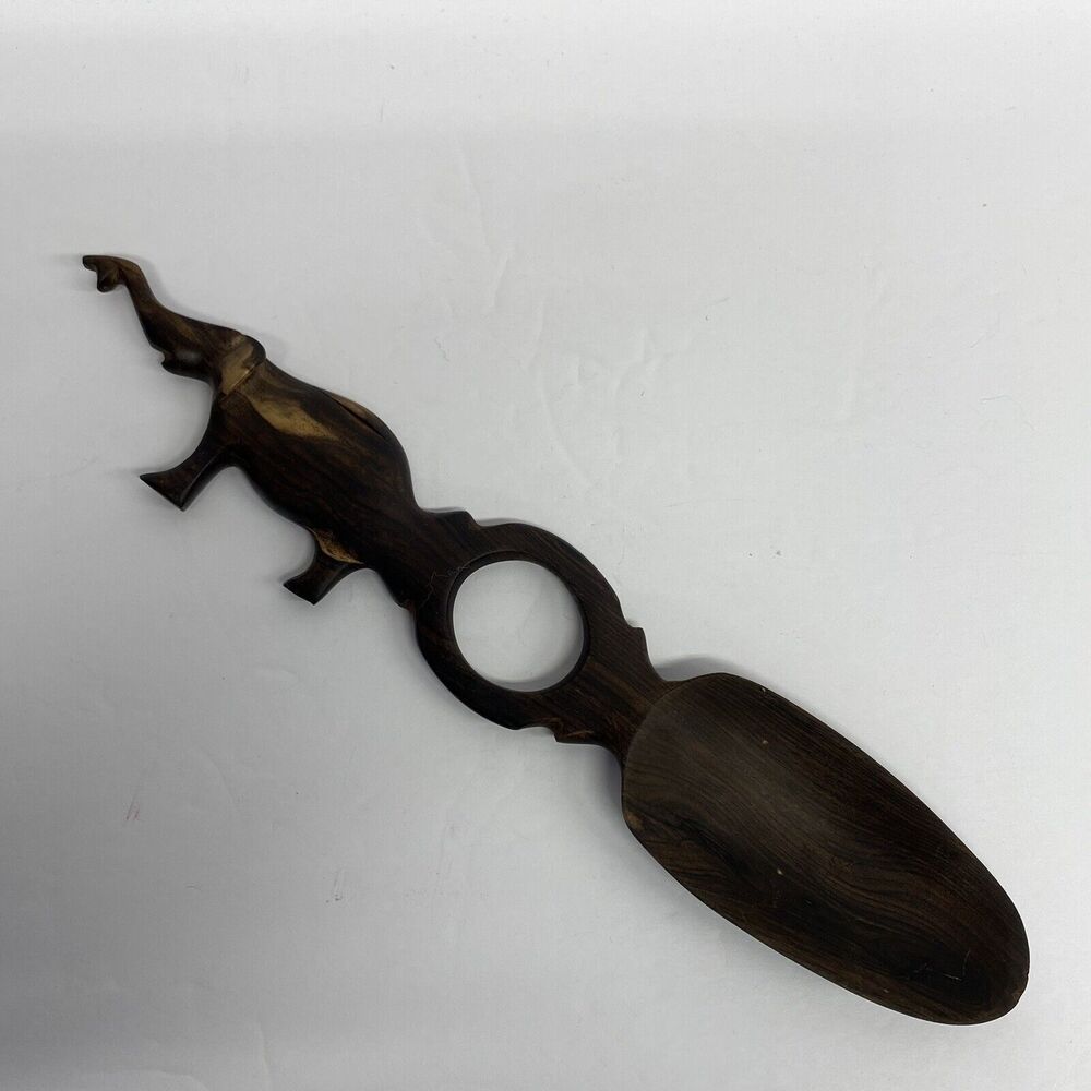 Hand Carved Wood Salad Spoon African Elephant Ornate Handle Decorative